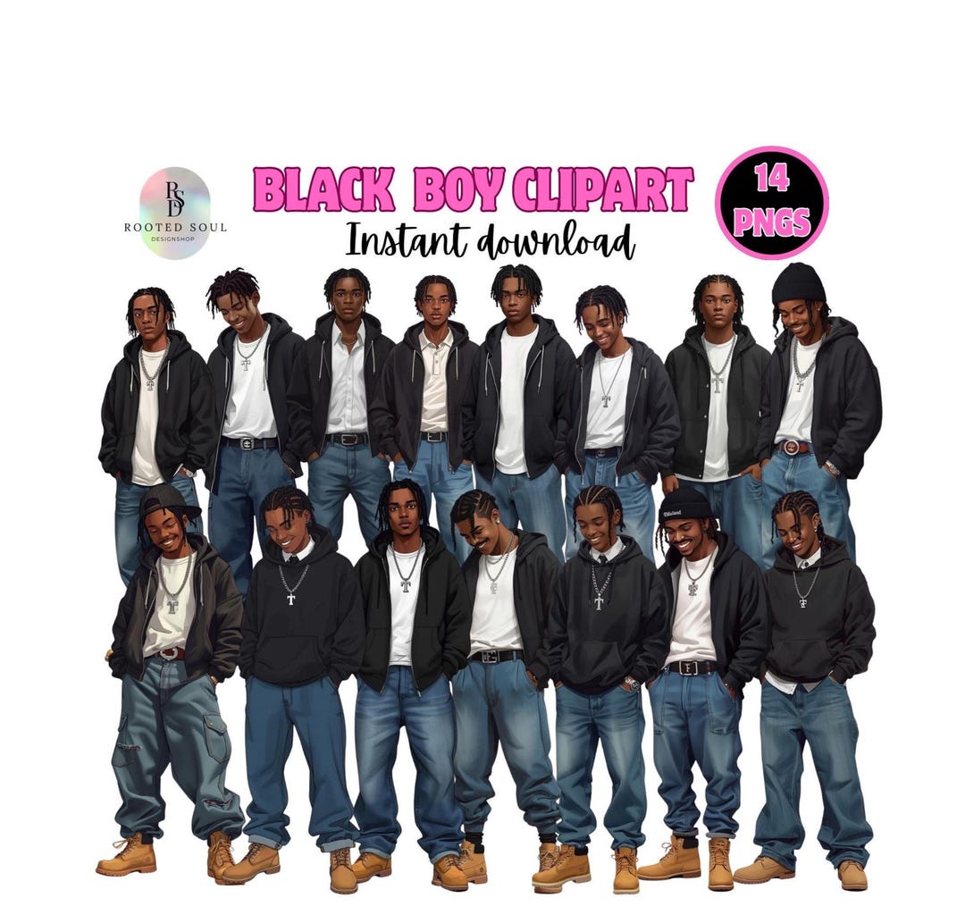 Black Boy Clipart PNG Bundle, Boy in Timberland Boots Clipart Bundle ...