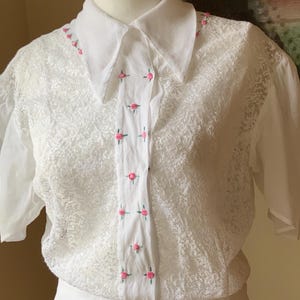 1950s BlouseLace Chiffon - Vintage Blouse Roses Embrpoidered - S