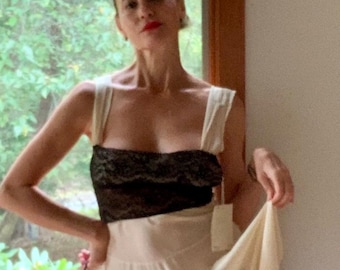 1930s Vintage Silk Nightgown - Black Lace, Cream Slip Dress