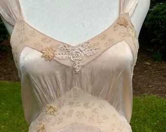1930s Silk Chiffon Hostess Gown | Blush Pink Boudoir Dress | Restored Antique Lingerie.Tea Dyed-30D