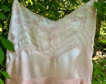 Rare 1930s Tea-Dyed Silk Hostess Gown with Original Floral Appliqué Details-30DB