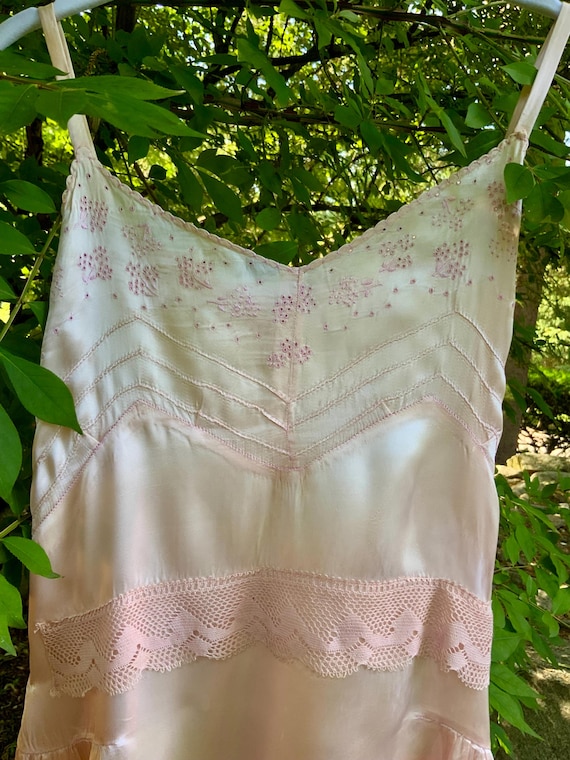 Rare 1930s Tea-Dyed Silk Hostess Gown with Original Floral Appliqué Details-30DB