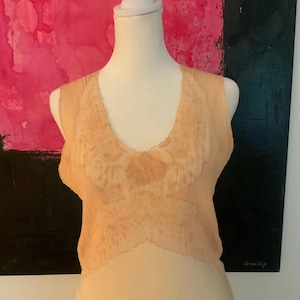 May include: A peach-colored vintage slip dress with a delicate lace bodice. The slip is displayed on a mannequin, showcasing its soft, flowing fabric and intricate floral lace detailing. The dress has a scoop neckline and a subtle sheen.