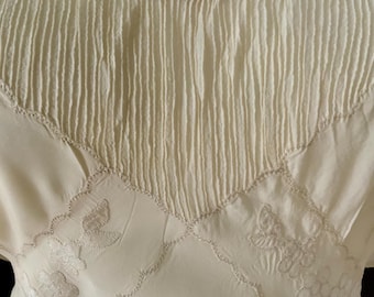 Antique 1930s–40s Silk Nightgown — Ivory Bias Cut Slip Dress with Pintucks & Embroidery