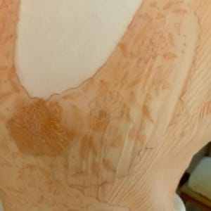 May include: Close-up of a peach-colored garment with a V-neckline. The fabric is semi-sheer and adorned with floral patterns in a darker peach hue. The garment has a delicate, flowing appearance, suggesting a vintage or romantic style.