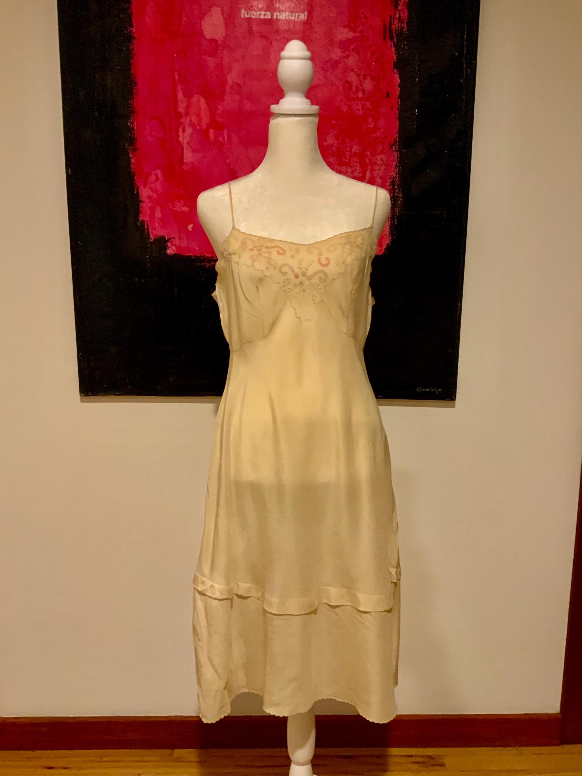 1930s Silk Slip Dress – Antique Cream Floral Embroidered Lingerie 
