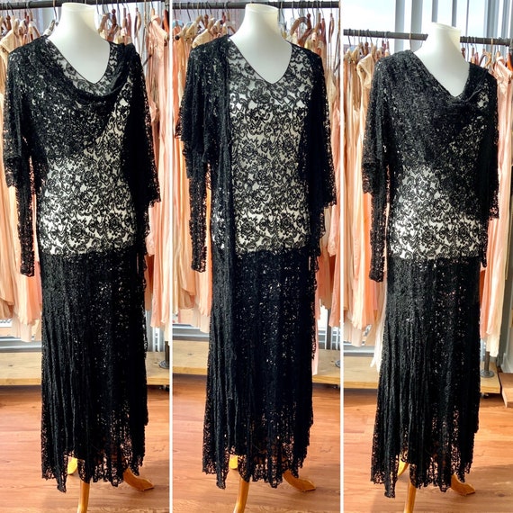 1930s Black Lace Dress with Cape - Stunning 30s L… - image 2