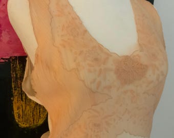 1930s Peach Silk Nightgown, Embroidered Plisse, Vintage Hollywood Glamour