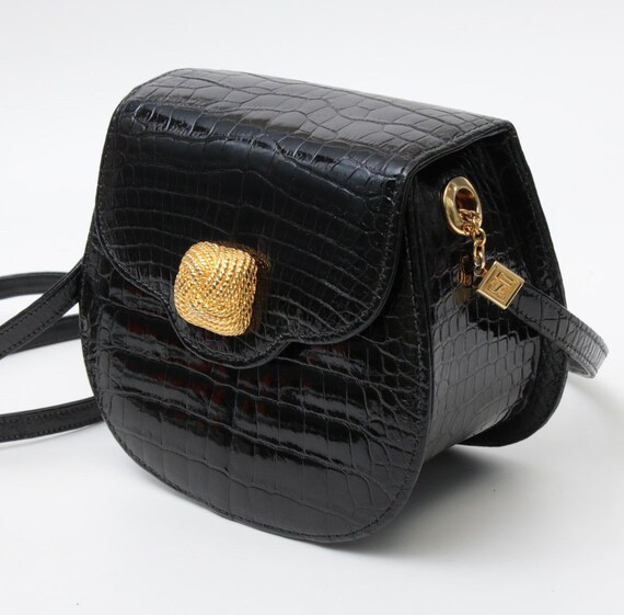Kleinberg Sherill Black Crocodile Embossed Crossb