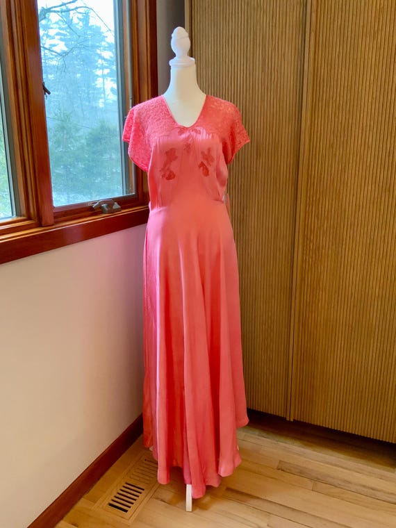 Vintage 1970s Hand-Dyed Coral Satin Gown | 1940s Style Lace Maxi Dress
