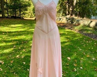 1930s Silk Nightgown / Blush Pink Bias Cut Slip with Embroidery & Pintucks / Vintage Bridal Loungewear