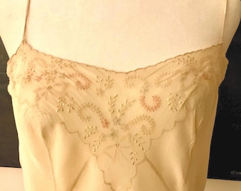 1930s Silk Slip Dress – Antique Cream Floral Embroidered Lingerie