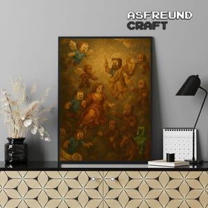 May include: A digital painting of a group of pixelated figures in a Renaissance-style scene. The figures are dressed in medieval clothing and are standing in a circle around a central figure. The painting is set against a background of a golden sky.
