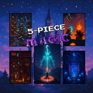 Peut inclure: Un ensemble de cinq impressions d'art numérique représentant des scènes fantastiques avec des sorciers, de la magie et des créatures mystiques. Les impressions sont dans un style pixélisé et présentent une palette de couleurs bleu foncé, violet et noir.