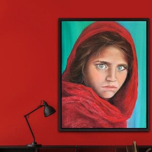 Afghan Girl Original Oil Painting National Geography Photo Photorealistic Photorealism Handmade Small Artwork Red Green