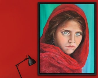 Afghan Girl Original Oil Painting National Geography Photo Photorealistic Photorealism Handmade Small Artwork Red Green