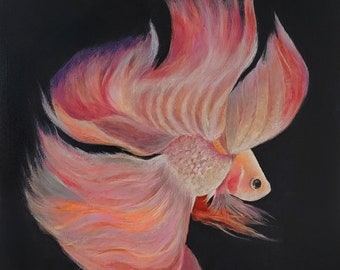 Pink Princess: Pink Beta fish aquatic animal realistic square painting original handmade artwork oil painting artwork art