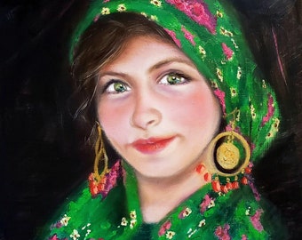 Mediterranean Village  Girl Original Oil Painting Colorful Women World Diversity Costume Ethnic Square Realistic Realism