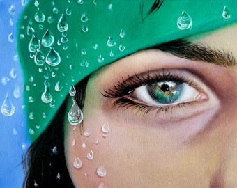Through the Rain Original Handmade Oil Painting Canvas Eye Green Small Artwork Photorealistic 9x12
