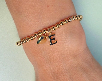 18K Gold Filled Beaded Bracelet with gold filled Initial Charm and solid gold plated heart – Personalised Bracelet, Stackable Jewellery