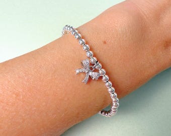 Sterling Silver Beaded Bracelet with Cubic Zirconia Bow – Dainty Jewellery, Elegant Silver Bracelet, Stackable Gift for Her