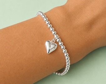 Sterling Silver Beaded Bracelet with seamed puff Heart Charm– Stackable Jewellery, Dainty, elegant Gift for Her, Bridesmaid gift