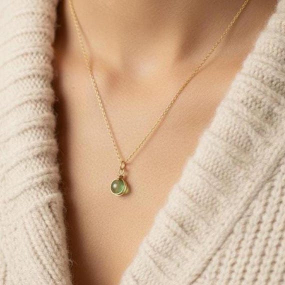 18k Gold Plated Necklace with Round Green Quartz Pendant | Dainty Gemstone Necklace | Elegant Gift for Her | Minimalist Jewellery