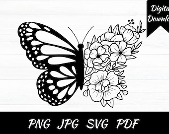 Floral Butterfly SVG, Flower Line Art, Cricut Silhouette (Digital Download)