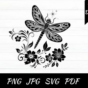 Dragonfly with Flowers Svg, Dragonfly Svg, Dragonfly Svg Cut Files for Cricut, Vector Illustration, Instant Digital Download, PNG