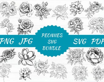 牡丹の花柄SVGバンドル、手描きの花のクリップアート（デジタルファイル）