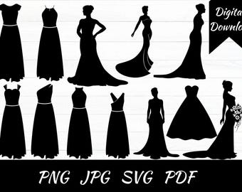 Silhouetten trouwjurk – Clipart bruids- en bruidsmeisjes (digitale download)