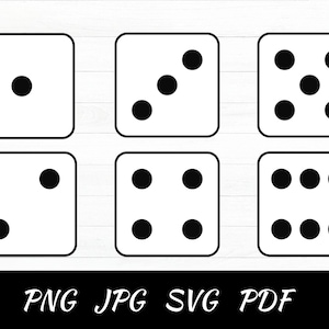 May include: Six white dice with black dots, each showing a different number from one to six. The dice are arranged in two rows of three. Below the dice, the image includes the text "PNG JPG SVG PDF".