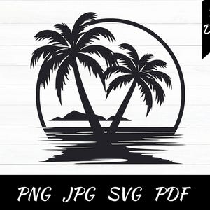 May include: Black and white digital download of a tropical scene with two palm trees inside a circle. The image includes a mountain silhouette, water reflection, and the text "PNG JPG SVG PDF".