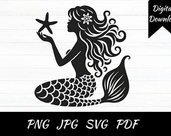 Sjöjungfrusilhuett (svg, png, jpg, pdf), Klippfiler (digital nedladdning)