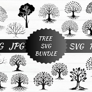 May include: A collection of black tree designs in various styles, including trees with roots, bare branches, and leafy canopies. The image includes the text "TREE SVG BUNDLE" and file type indicators like PNG, JPG, SVG, and PDF.