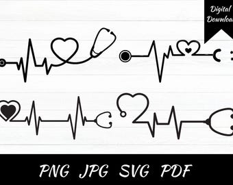 Paquete de archivos SVG de latidos del corazón con estetoscopio, arte médico para enfermeras (descarga digital)