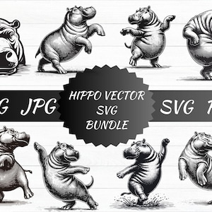 Hippo Vector Illustration Bundle, svg png Bundle, Digital Download, for Cricut, Engraving, Prints, wild animal print