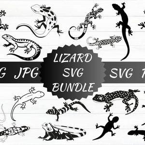 Może przedstawiać: Kolekcja czarno-białych ilustracji jaszczurek w różnych pozach. Obraz zawiera tekst "Lizard SVG Bundle" z opcjami typu pliku: PNG, JPG, SVG i PDF. Jaszczurki mają szczegółowe wzory.
