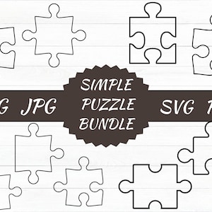 Puede incluir: Varios contornos negros de piezas de rompecabezas simples sobre un fondo de madera blanca. La imagen incluye el texto "SIMPLE PUZZLE BUNDLE" e indicadores de tipo de archivo: PNG, JPG, SVG y PDF. Las piezas del rompecabezas son de diseño clásico.