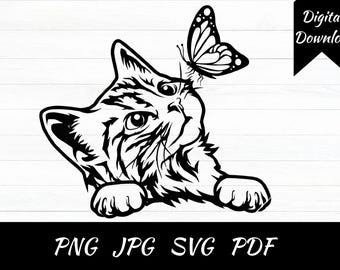 Curious Kitten with Butterfly SVG | Peeking Cat Clipart (Digital Download)
