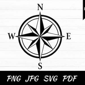May include: Black and white compass rose design with directional letters N, E, S, and W. The image includes the text "Digital Download" and file type options: PNG, JPG, SVG, and PDF.