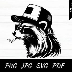 May include: Black and white illustration of a raccoon wearing sunglasses and a trucker hat, smoking a cigarette. The image includes the text "Digital Download" and file type options: PNG, JPG, SVG, and PDF.