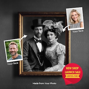 Retrato de pareja victoriano personalizado a partir de una foto, pintura estilo vintage de la década de 1900, regalo histórico personalizado, regalo de aniversario o boda.