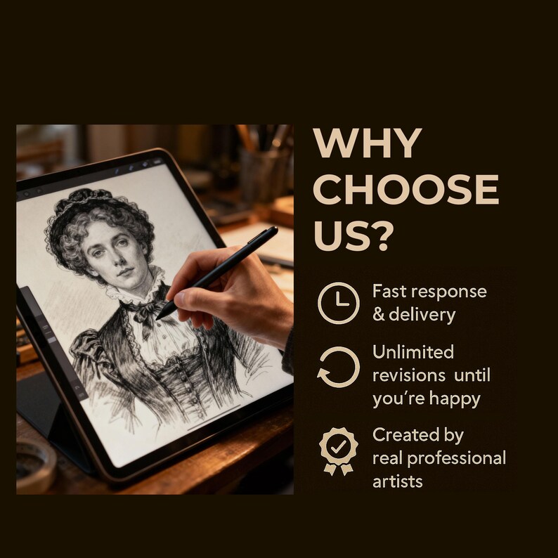Op de afbeelding: Een illustratie van een vrouw in historische stijl wordt getekend op een tablet met een stylus. De afbeelding bevat de tekst "WHY CHOOSE US?" met opsommingstekens: "Snelle reactie & levering", "Onbeperkte revisies totdat u tevreden bent" en "Gemaakt door echte professionele kunstenaars."