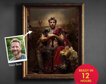 May include: A framed portrait featuring a person in Roman emperor attire, holding a sword. The portrait includes a photo of a person's face, with text that reads "Your face". A red circle with the text "READY IN 12 HOURS" is also visible.