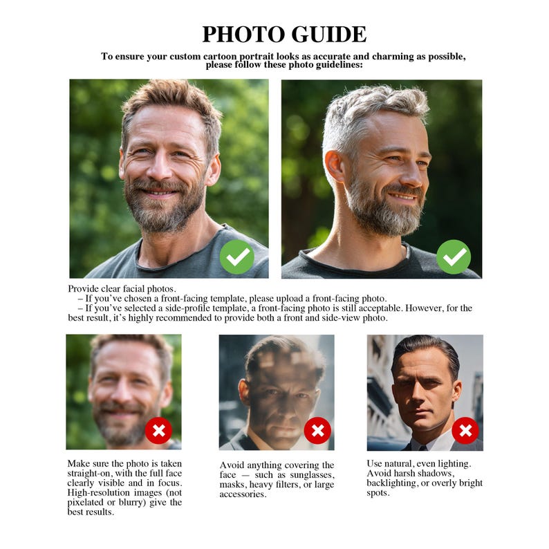 Op de afbeelding: Een "FOTOGIDS" voor aangepaste cartoonportretten, met fotogidslijnen. Het toont voorbeelden van goede en slechte foto's, waarbij de nadruk ligt op duidelijke, frontale beelden met natuurlijk licht. De gids geeft tips voor het beste resultaat.