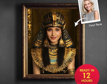 Könnte beinhalten: Gerahmtes Porträt einer Frau in ägyptischer Kleidung, mit goldenen und blauen Akzenten. Das Bild enthält ein kleines Foto mit dem Text "Your face" und einen roten Kreis mit dem Text "READY IN 12 HOURS". Der Text "Made from Your Photo" ist ebenfalls vorhanden.