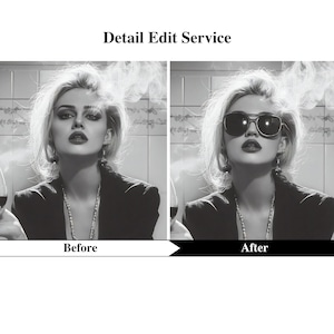 May include: Black and white image showcasing a before-and-after photo editing comparison. The "Before" image features a woman with dark makeup, while the "After" image shows the same woman wearing sunglasses. The text "Detail Edit Service" is at the top.