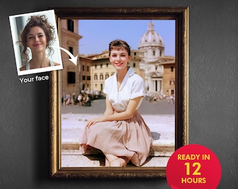 May include: A framed photo featuring a woman in a white blouse and pink skirt, seated in front of a European building. A smaller photo with a woman's face is shown next to the frame, with the text "Your face". The frame is gold-colored, and the text "Ready in 12 hours" is displayed.