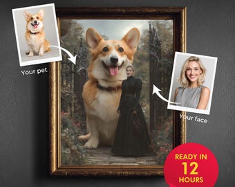 Custom Giant Pet Portrait with Owner  Victorian Style Pet & Human Art  Emotional Memorial Gift  Surreal Digital Artwork